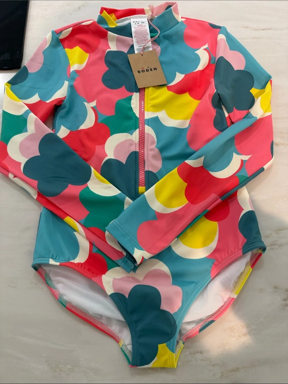 Boden Girls' Long Sleeve One-Piece Swimsuit in Multi Pink, Teal & Yellow